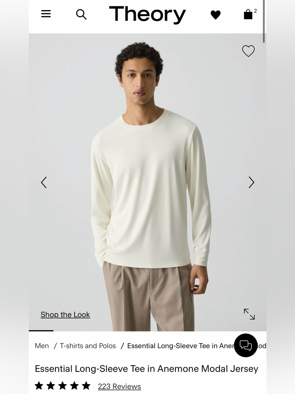 Theory "Anemone Milano" Essential Tee Long Sleeve in Winter White